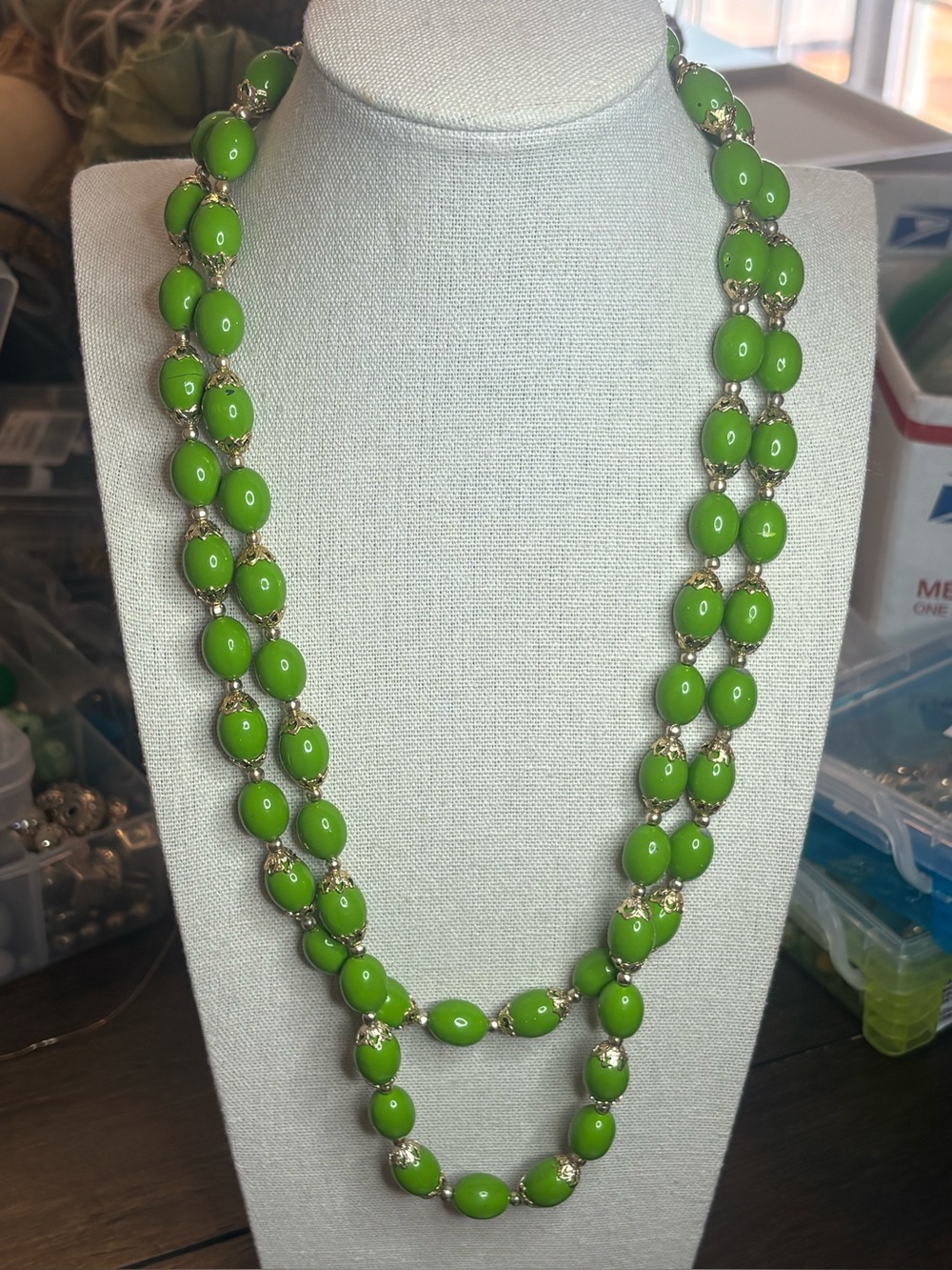 Vintage Hong Kong Green Lucite Double Strand Necklace